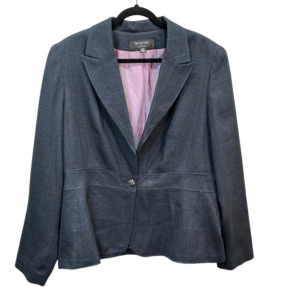 Signature by Larry Levine Womens Blazer 18 Charcoal‎ Gray Plaid Peplum Jacket